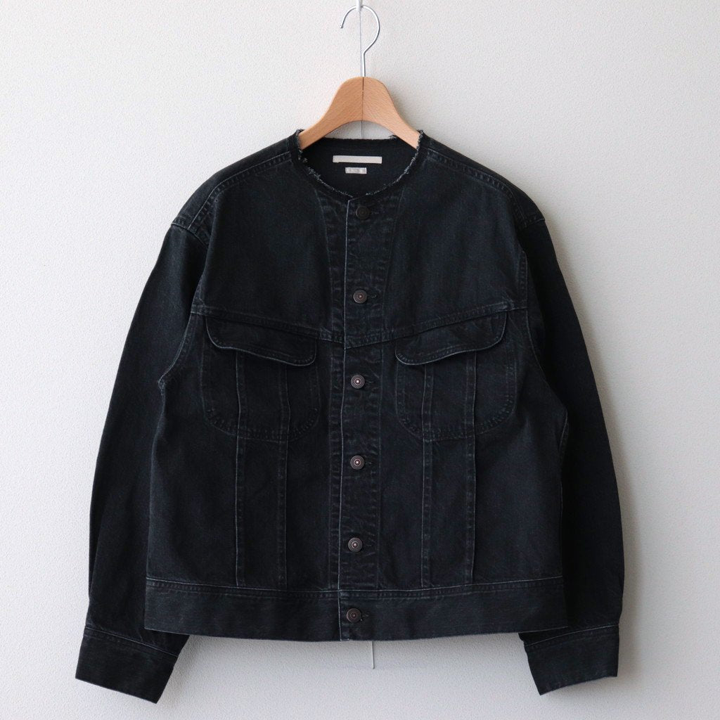 Collarless black denim on sale jacket