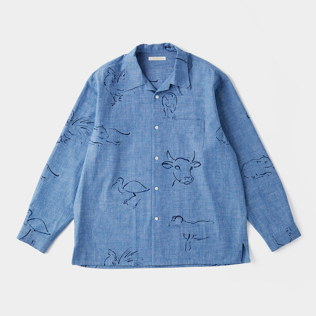 ORIGINAL PRINTED OPEN COLLAR SHIRTS(DRAWING)Long-sleeve #INDIGO [241OJ-SH03]