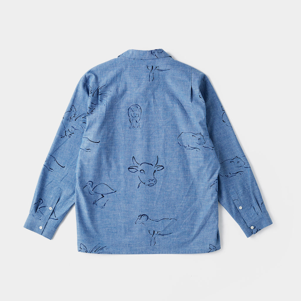 ORIGINAL PRINTED OPEN COLLAR SHIRTS(DRAWING)Long-sleeve #INDIGO [241OJ-SH03]