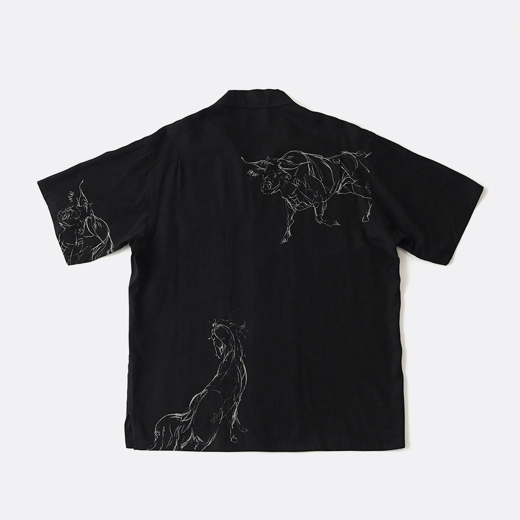 ORIGINAL PRINTED OPEN COLLAR SHIRTS (ANIMAL DRAWING) Short-sleeve #BLACK [261OJ-SH22]