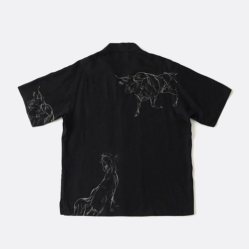 ORIGINAL PRINTED OPEN COLLAR SHIRTS (ANIMAL DRAWING) Short-sleeve #BLACK [261OJ-SH22]