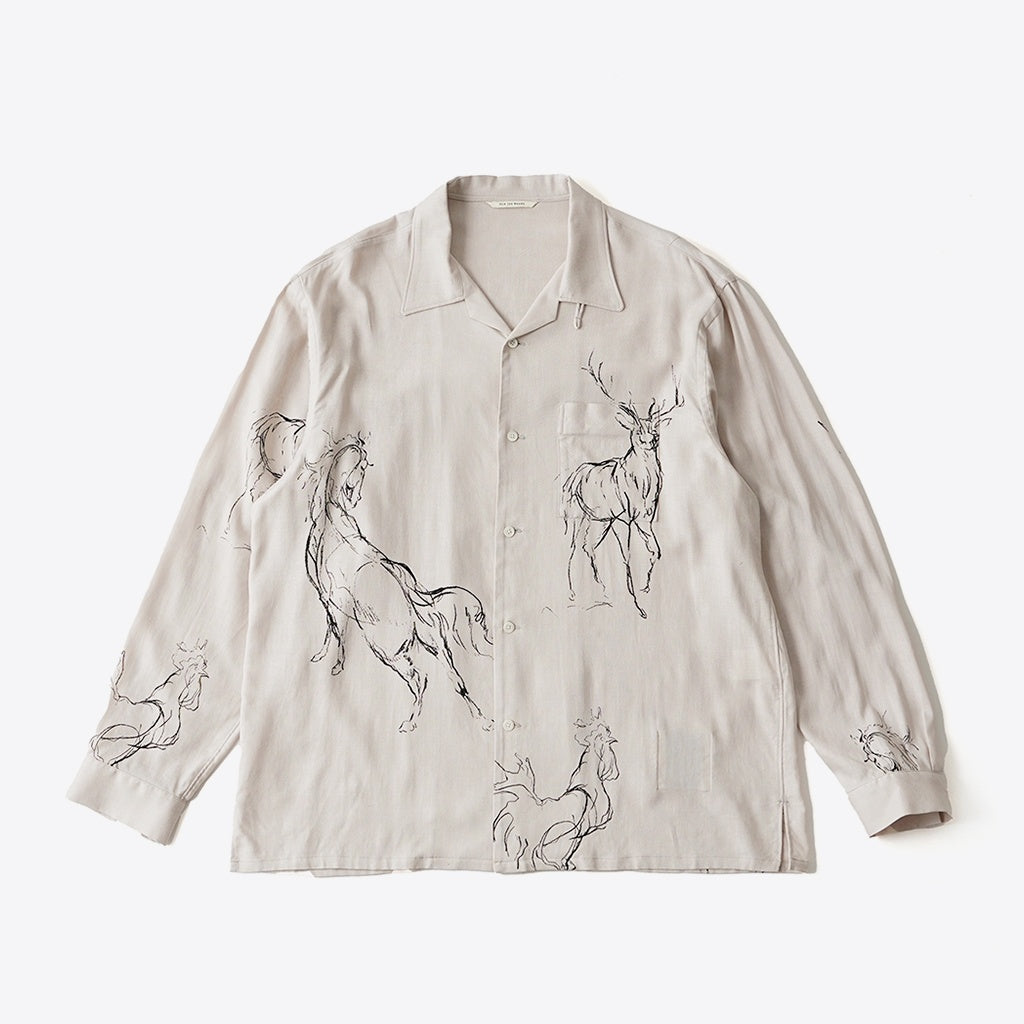 ORIGINAL PRINTED OPEN COLLAR SHIRTS (ANIMAL DRAWING) Long-sleeve #IVORY [261OJ-SH18]