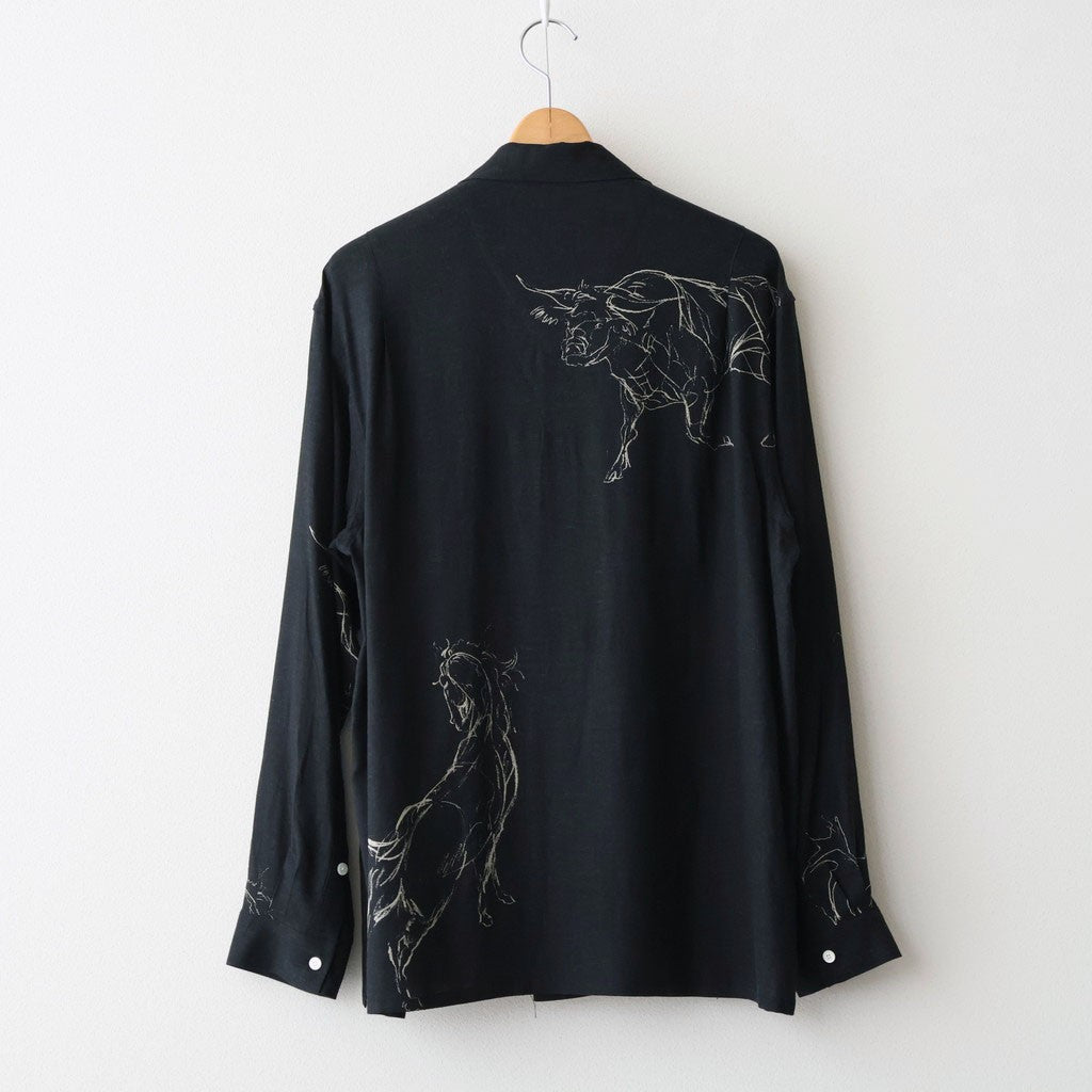 ORIGINAL PRINTED OPEN COLLAR SHIRTS (ANIMAL DRAWING) Long-sleeve #BLACK [261OJ-SH18]
