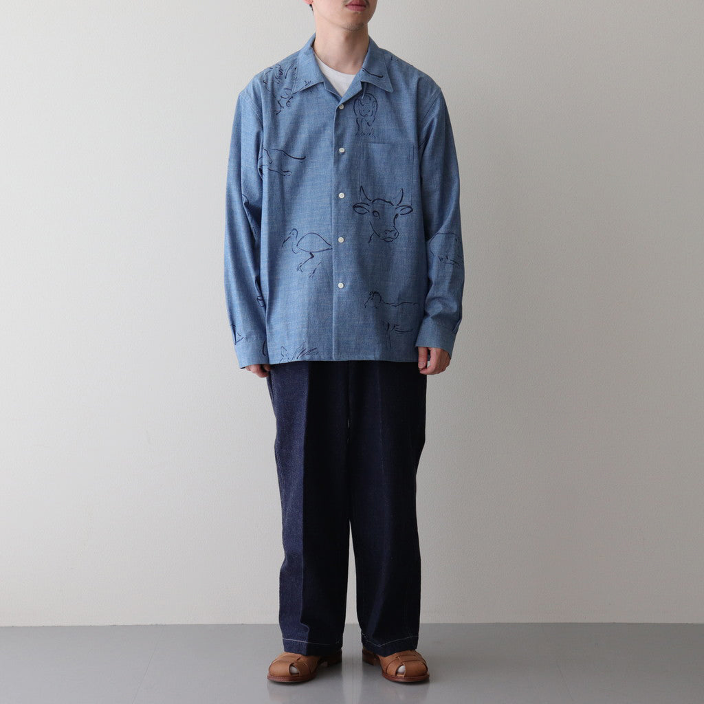 ORIGINAL PRINTED OPEN COLLAR SHIRTS(DRAWING)Long-sleeve #INDIGO [241OJ-SH03]
