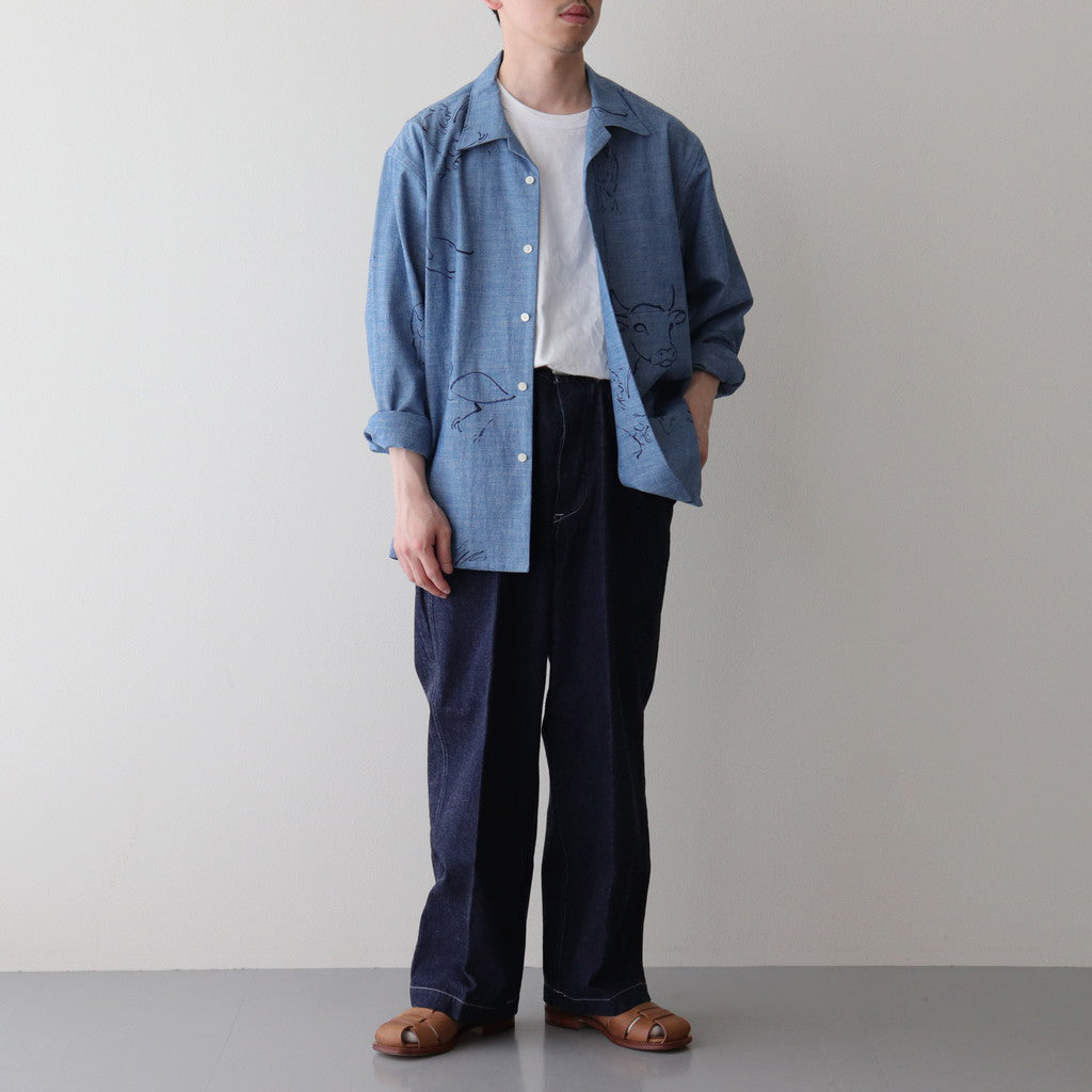 ORIGINAL PRINTED OPEN COLLAR SHIRTS(DRAWING)Long-sleeve #INDIGO [241OJ-SH03]