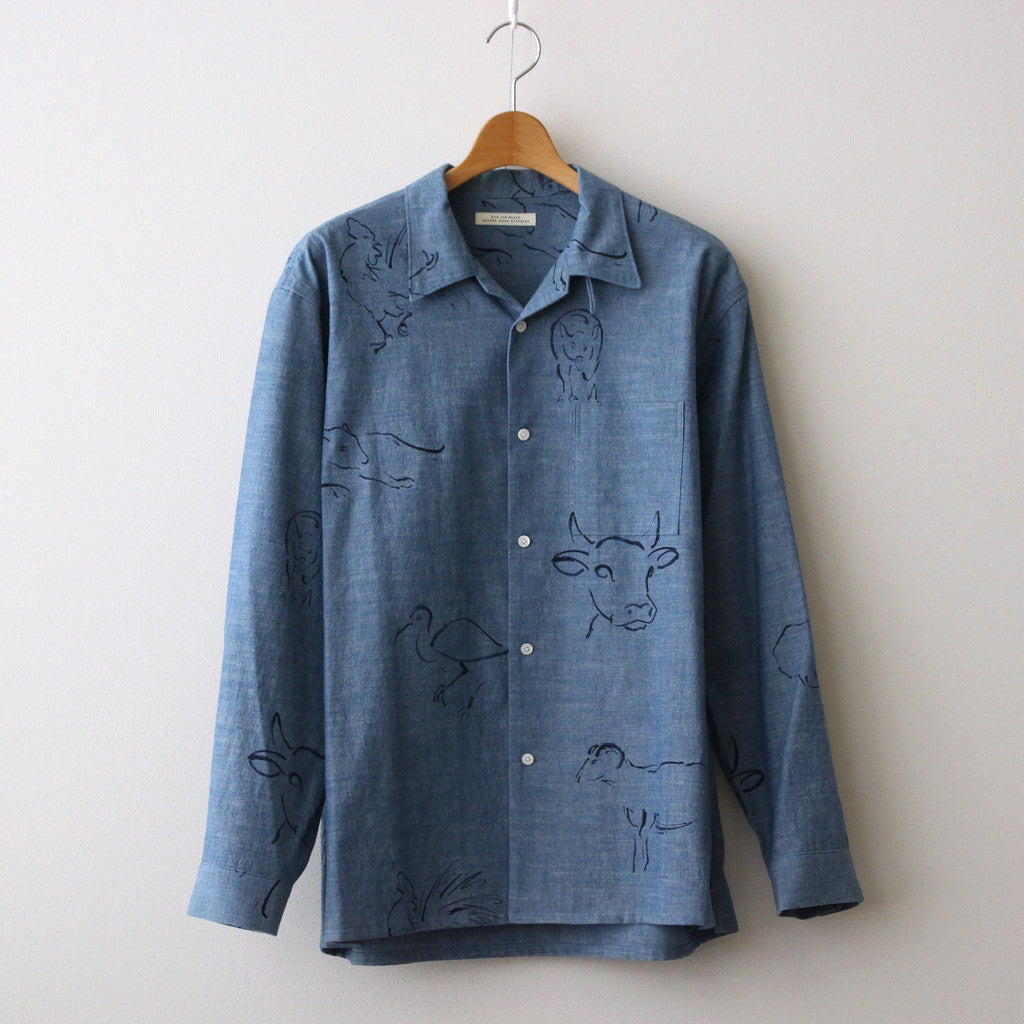 ORIGINAL PRINTED OPEN COLLAR SHIRTS(DRAWING)Long-sleeve #INDIGO [241OJ-SH03]