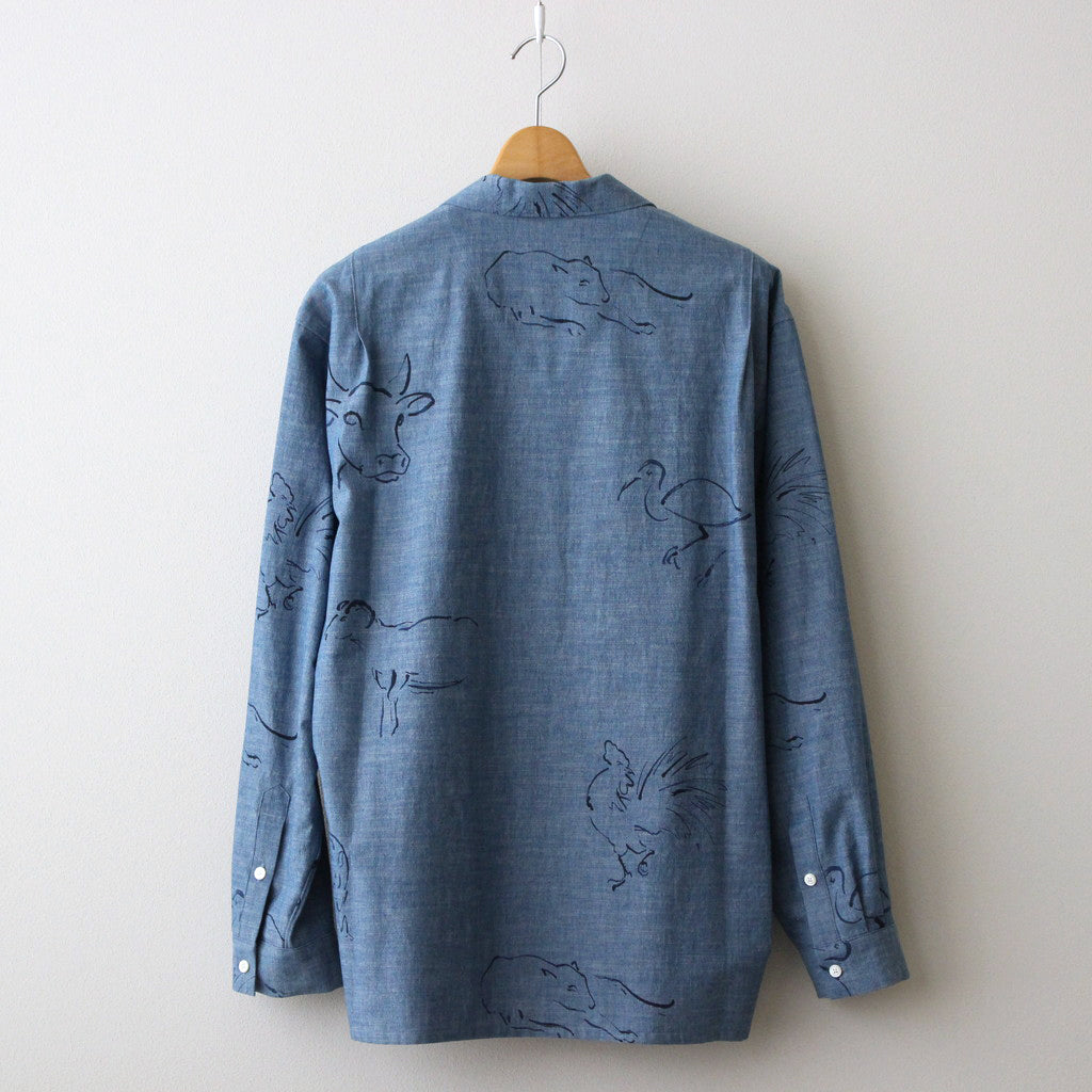 ORIGINAL PRINTED OPEN COLLAR SHIRTS(DRAWING)Long-sleeve #INDIGO [241OJ-SH03]