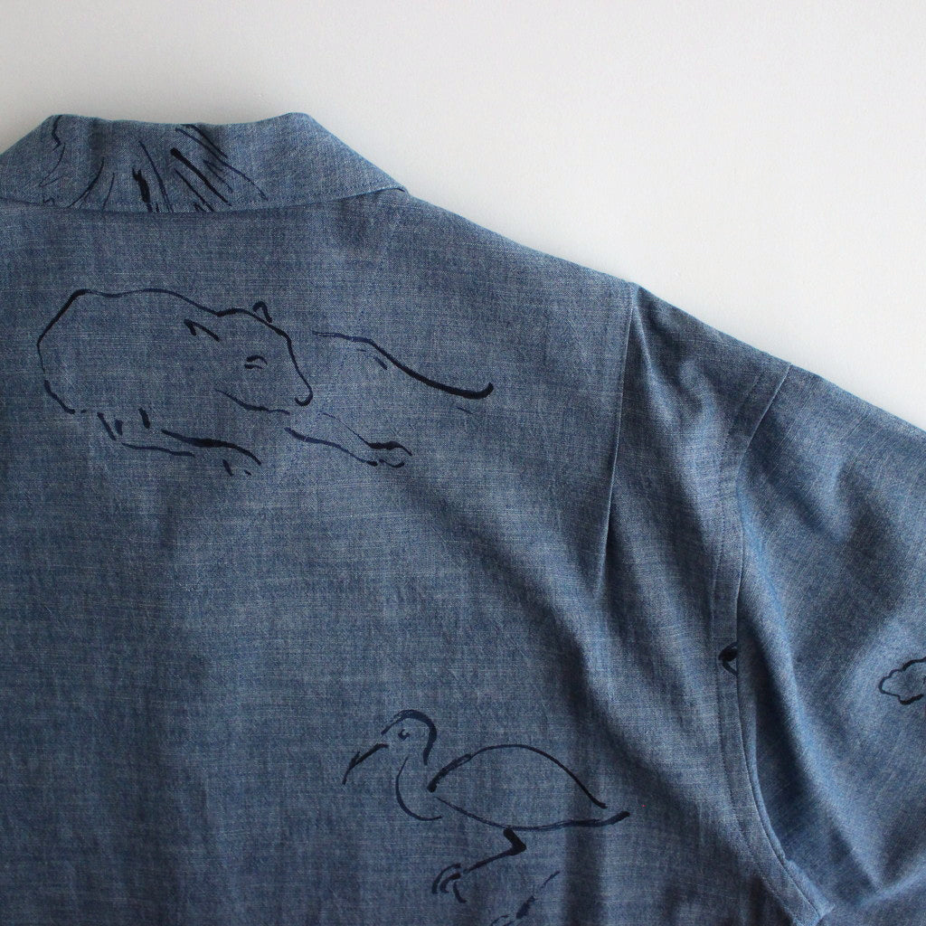 ORIGINAL PRINTED OPEN COLLAR SHIRTS(DRAWING)Long-sleeve #INDIGO [241OJ-SH03]