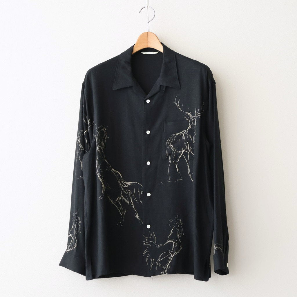 ORIGINAL PRINTED OPEN COLLAR SHIRTS (ANIMAL DRAWING) Long-sleeve #BLACK [261OJ-SH18]