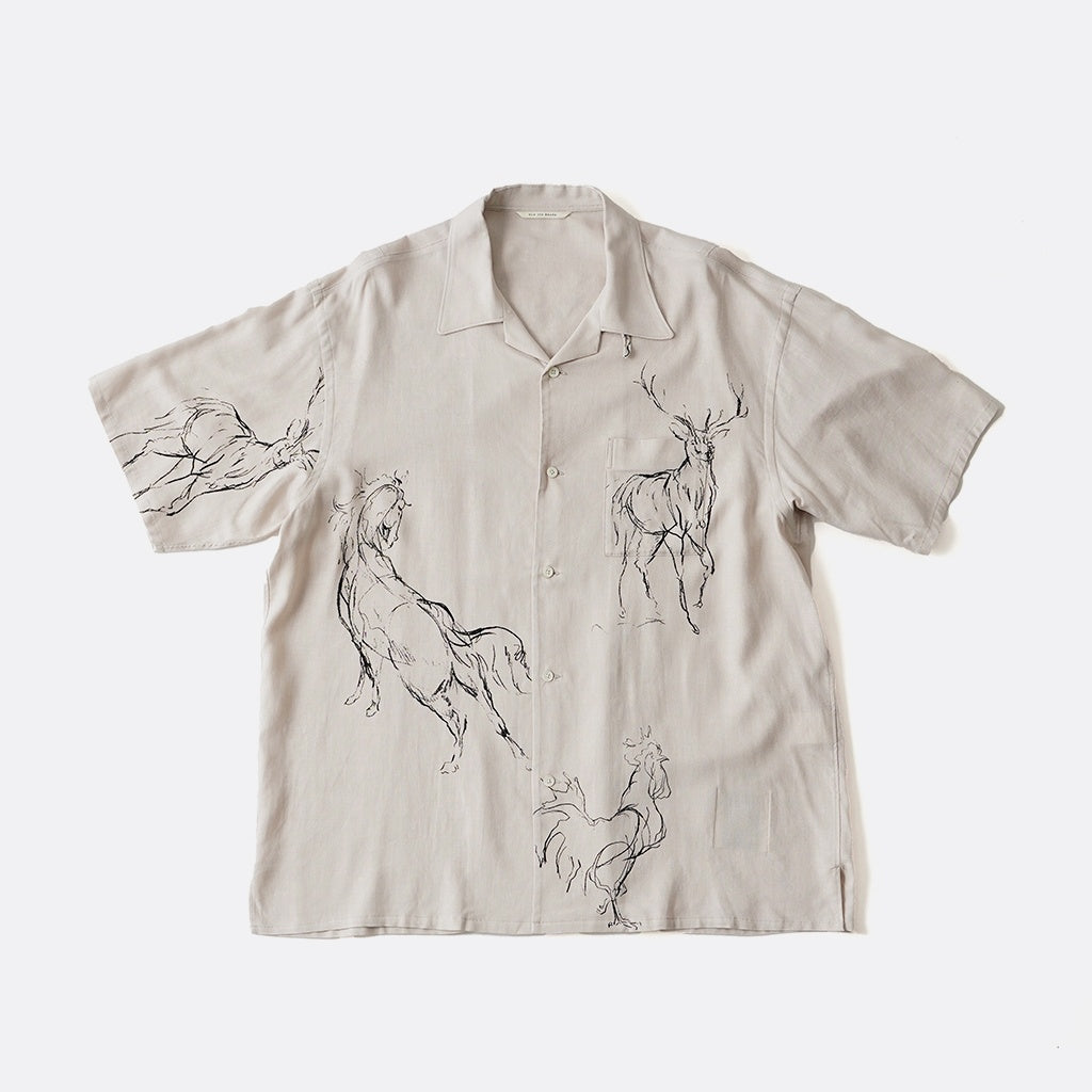 ORIGINAL PRINTED OPEN COLLAR SHIRTS (ANIMAL DRAWING) Short-sleeve #IVORY [261OJ-SH22]