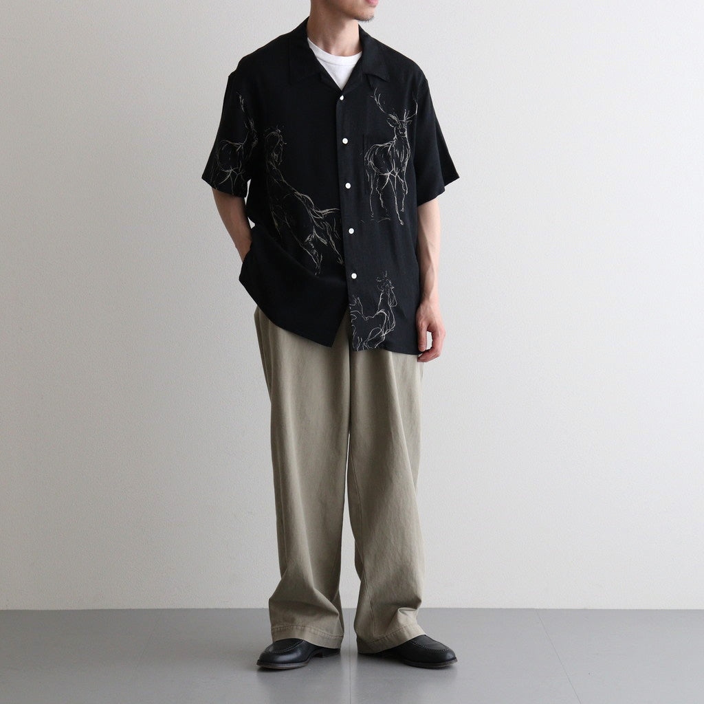 ORIGINAL PRINTED OPEN COLLAR SHIRTS (ANIMAL DRAWING) Short-sleeve #BLACK [261OJ-SH22]