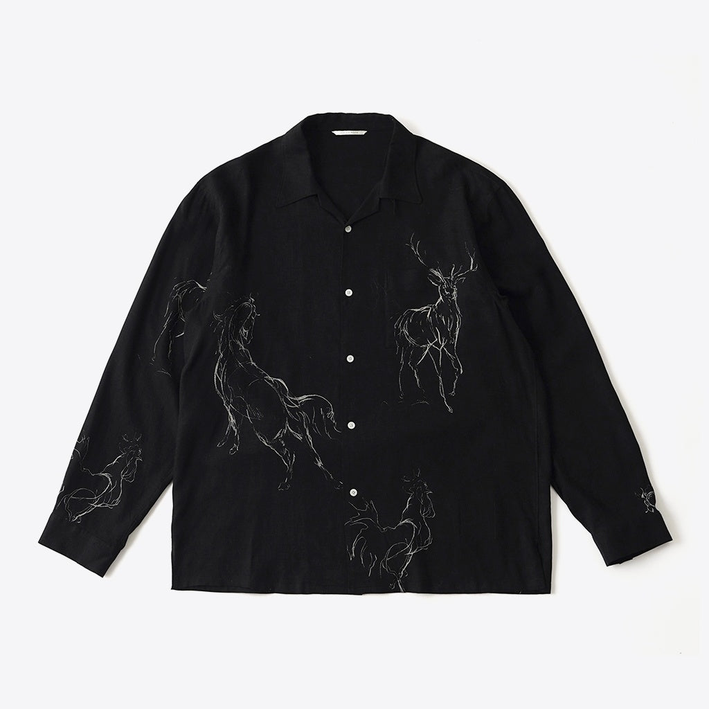 ORIGINAL PRINTED OPEN COLLAR SHIRTS (ANIMAL DRAWING) Long-sleeve #BLACK [261OJ-SH18]