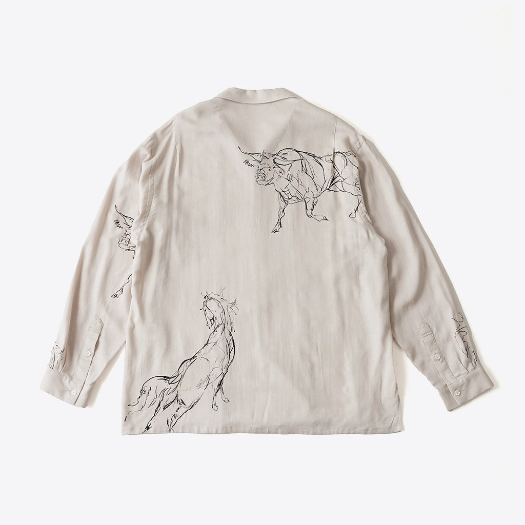 ORIGINAL PRINTED OPEN COLLAR SHIRTS (ANIMAL DRAWING) Long-sleeve #IVORY [261OJ-SH18]