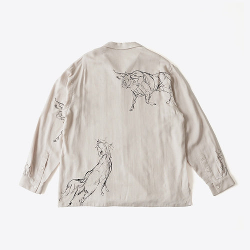 ORIGINAL PRINTED OPEN COLLAR SHIRTS (ANIMAL DRAWING) Long-sleeve #IVORY [261OJ-SH18]