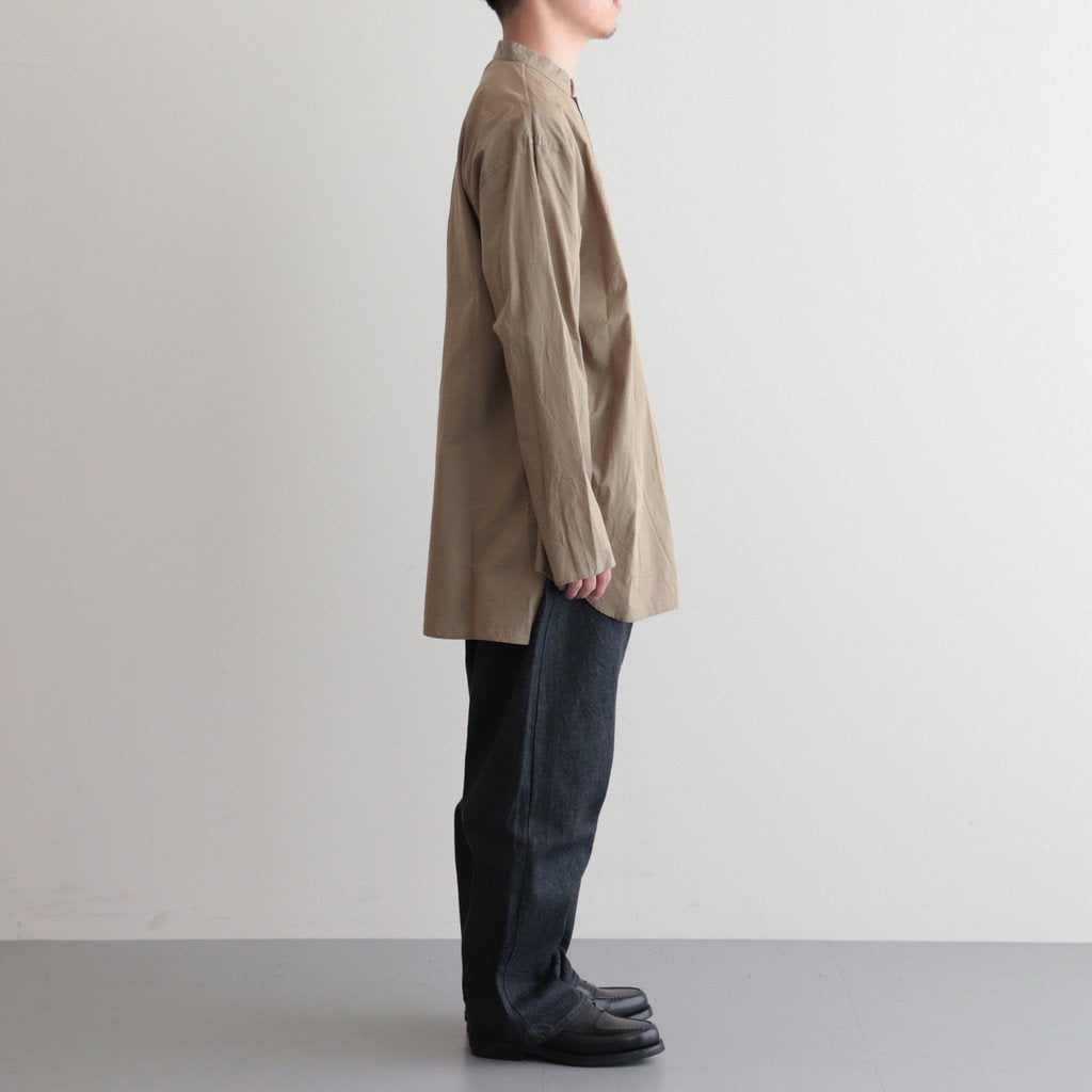CHAMBRAY STAND COLLAR CUFFLESS SHIRT #OLIVEBEIGE [BHS23F018]