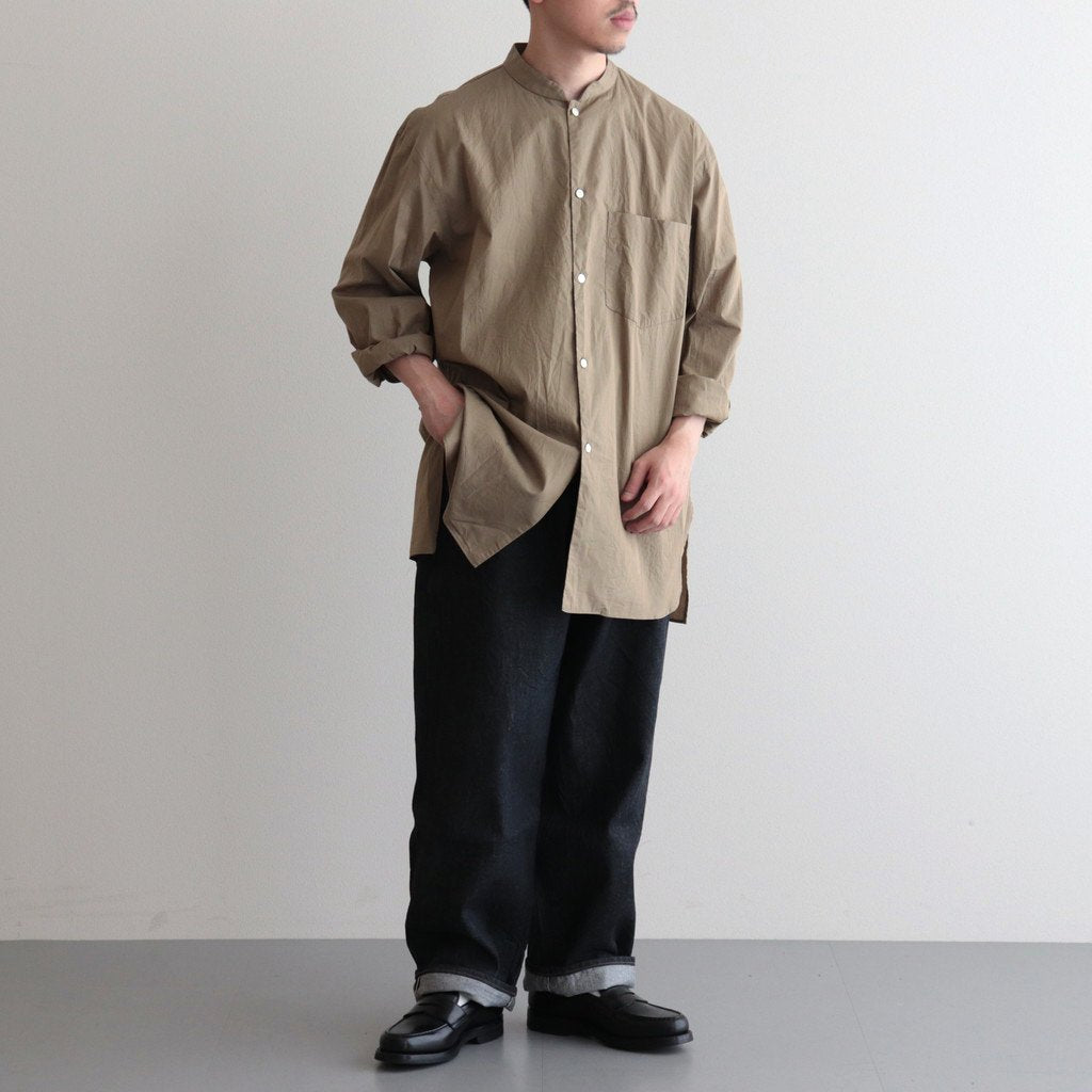 CHAMBRAY STAND COLLAR CUFFLESS SHIRT #OLIVEBEIGE [BHS23F018]